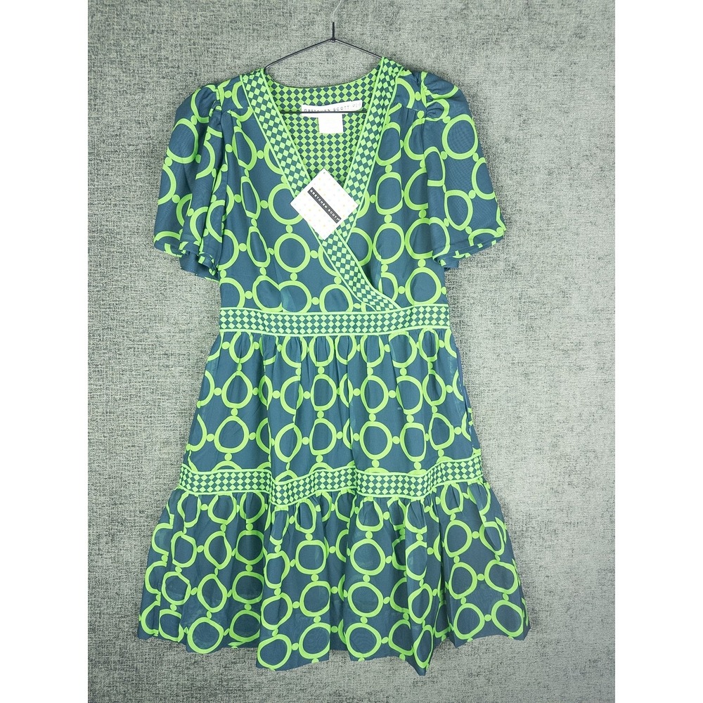 NWT Gretchen Scott Tiered Wrap Mini Dress Womens S Green Geometric Retro Festiva
